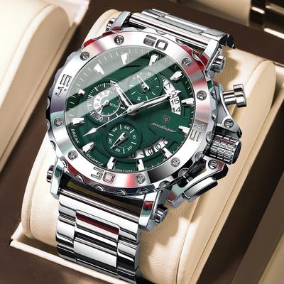 PRiME POEDAGAR Luxury Watch For Men, Calendar Quartz Chronograph, Waterproof Stainless Steel Luminous Man Clock silver Green