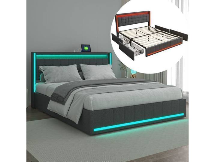 Structure de lit - RWUDV - Lit 160x200 cm - Lin gris - lit double - LED - USB - sommier