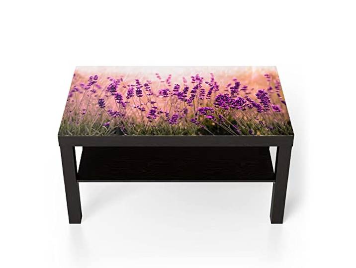 DEQORI Glastisch schwarz groß 90x50 cm Motiv Lavendelblüten im Regen ausgefallener Beistelltisch aus Glas Hochglanz Couchtisch fürs Wohnzimmer moderner Couch Tisch mit Design