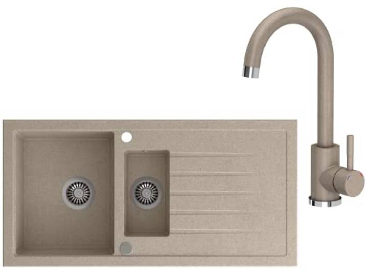 VBChome Spülbecken mit Armatur 100 x 50 cm Einzelbecken Beige Granit Rechteckig Reversibel Einbauspüle Gesprenkelt Großes Tiefes Becken Siphon Armatur