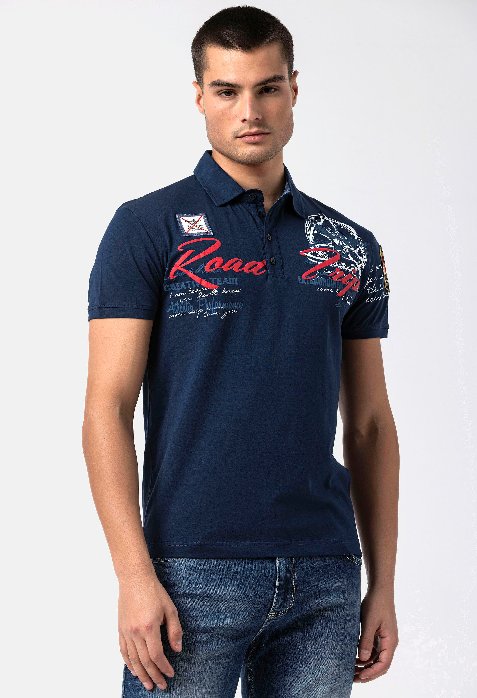 Poloshirt CIPO & BAXX, Herren, Gr. L, blau (navyblau), Jersey, Obermaterial: 95% Baumwolle, 5% Elasthan, bedruckt, regular fit normal, Shirts Poloshirt navyblau L