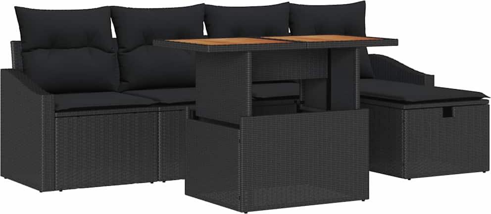 Gartenmöbel-Set, Lounge-Sofa für Garten & Terrasse, 6-teilig, Poly-Rattan & Akazienholz, Schwarz, 5 Sitzplätze, mit Tisch & Hocker