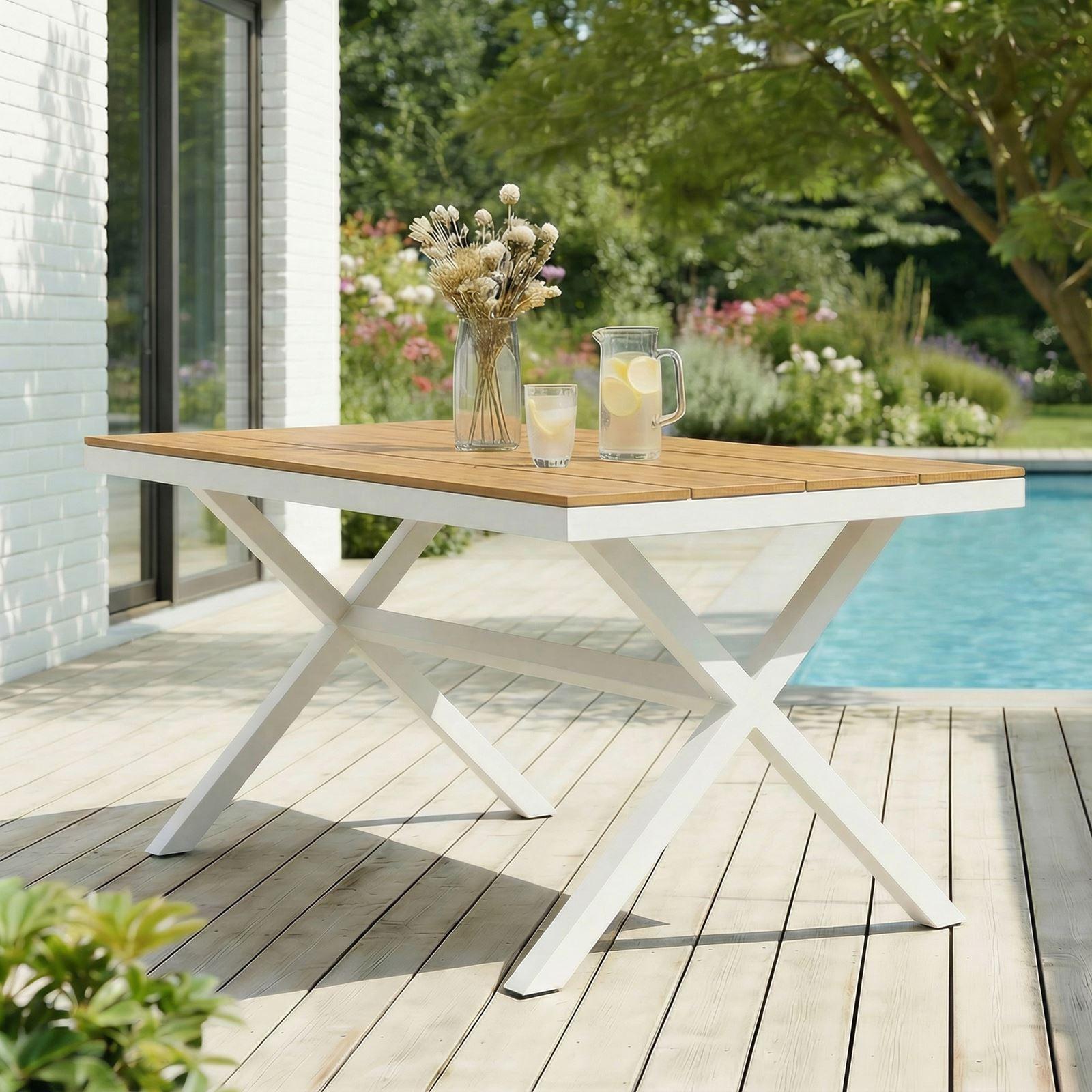 Gartentisch WINDY, WPC Holzoptik, weiß/natur, wetterfest und strapazierfähig. Ideal für Garten, Terrasse und Balkon, inklusive Terrassenmöbel und Balkonmöbel.