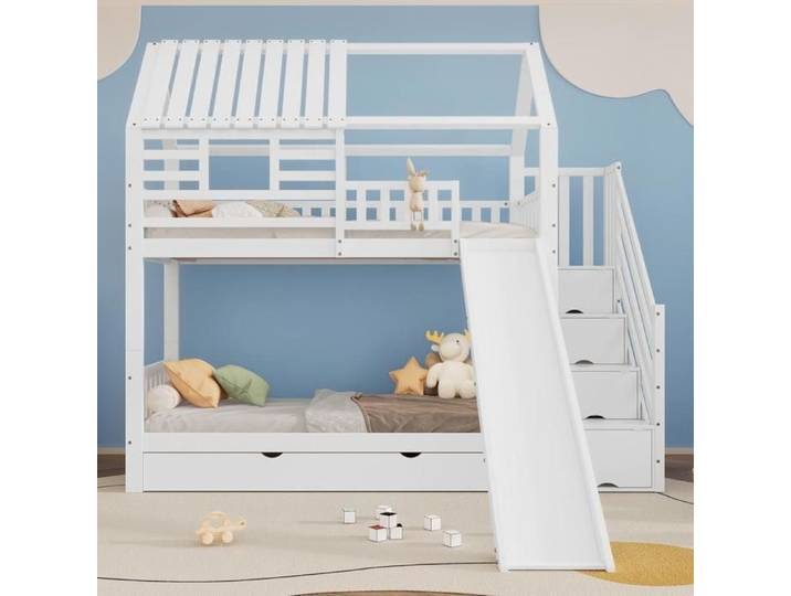 Lit superposé - KOMHTOM - Modèle forme maison - 2x90x200 cm - Échelle avec rangements - Toboggan
