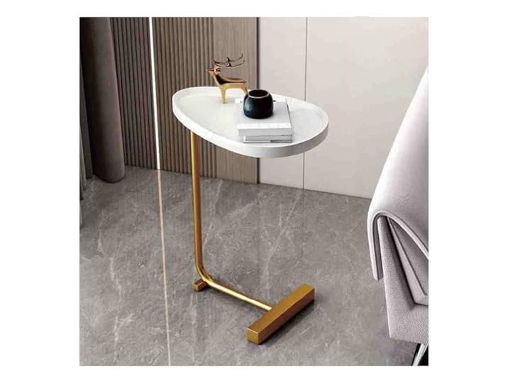 JIiopCFegh Beistelltisch, Eleganter ovaler Beistelltisch aus Holz und Metall, Nachttisch(Groove Type,White Gold Legs)