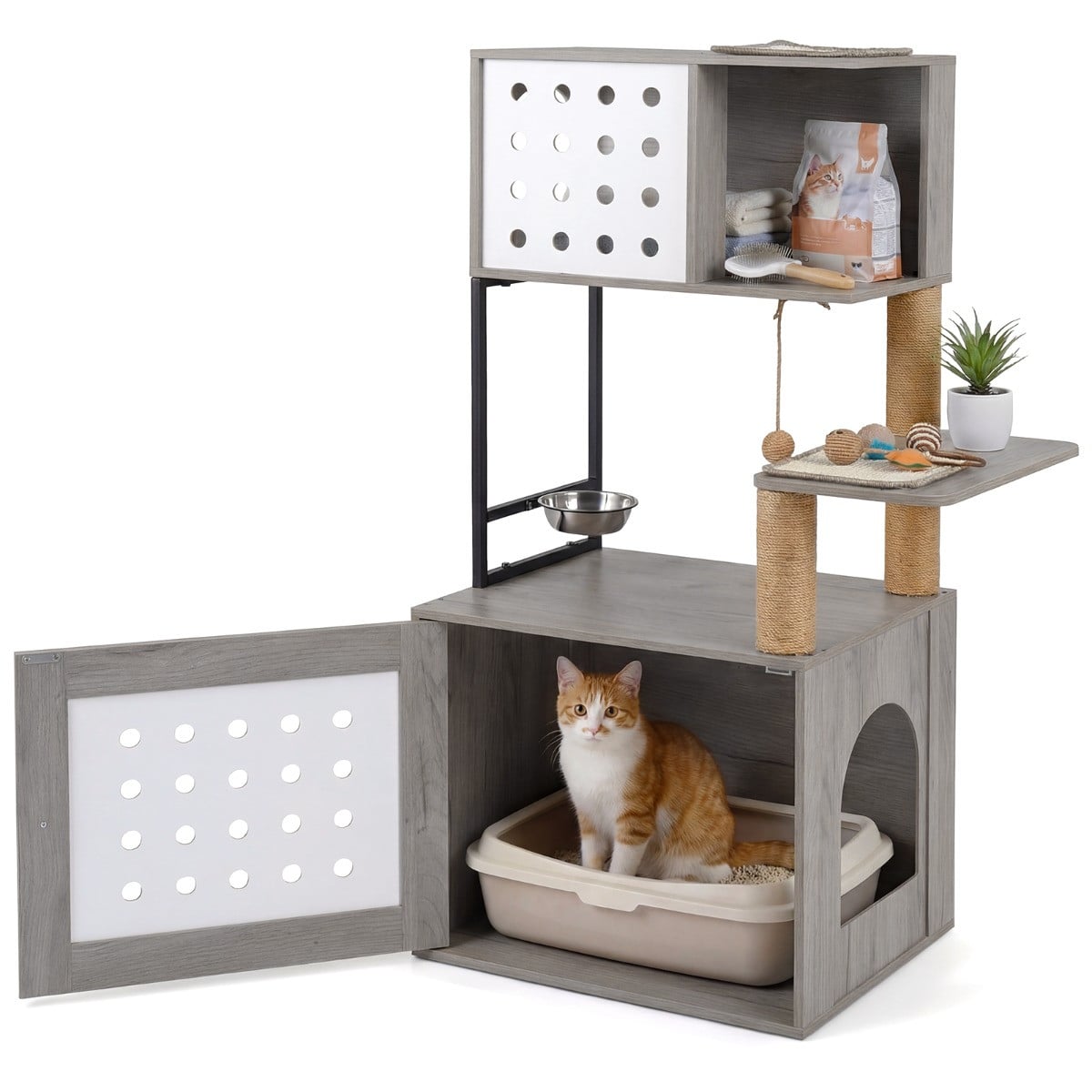 Costway Krabpaal met Kattenbakmeubel Grijs, Hoogte: 117,5 cm