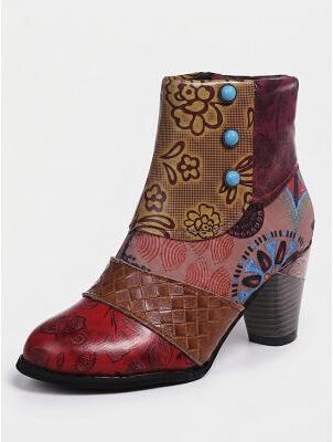 LightInthebox Women's Multi Bohemian Ankle Boots - Embossed Leather Pearl Patchwork Chunky Heel Booties for Music Festivals, Art Galleries Vintage Gatherings