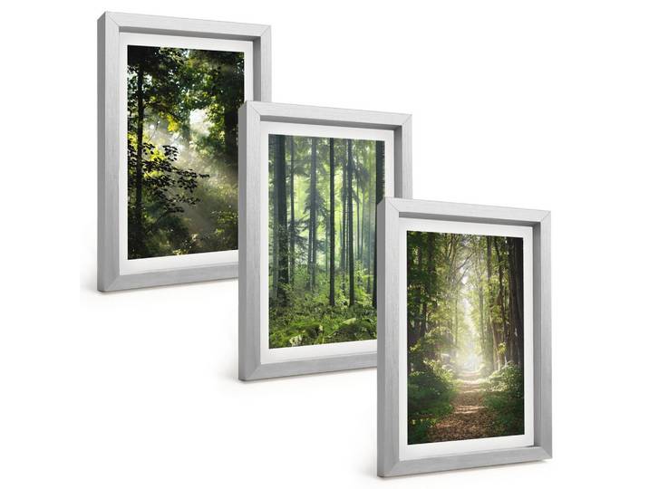 BILDER SET 3er Set - 20x30 cm Silberner Rahmen - Grüne Wälder mit Lichtstrahlen