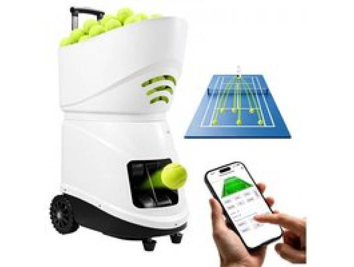 VEVOR Tennisballmaschine Max. 129 km/h Tischballwerfer 150 Ballkapazität, Spin-Steuerung, App-Steuerung, 20 Trainingsmodi, 4 Stunden Akkulaufzeit, Ausziehbarer Griff, Rollbar und Kunststoffgehäuse