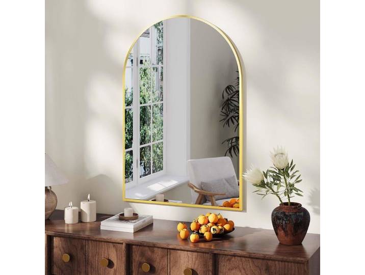 Miroir de salle de bain mural cintré 61x91.4 cm Doré cadre en aluminium résistant à la rouille pour coiffeuse ou entrée