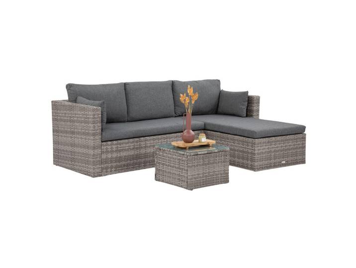 Beautysofa Gartenset Sevilla, aus Technorattan, Ecksofa mit Couchtisch, Grau, Kunststoff, 3, quadratisch, Gartenmöbel, Gartengarnituren, Gartenmöbel-Sets