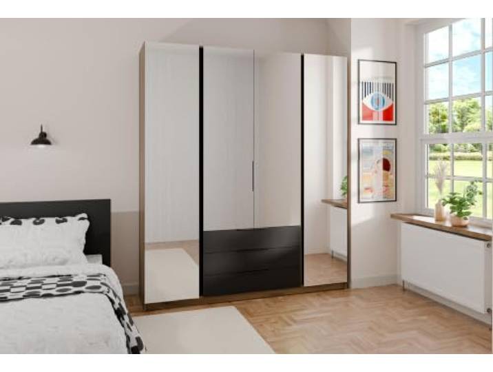 AX Living Nehir Schrank 200 cm Eiche Evoke/Schwarz, 4 Spiegeltüren + 3S 4 Spiegeltüren; 3 Schubladen – alles gut verstaut.