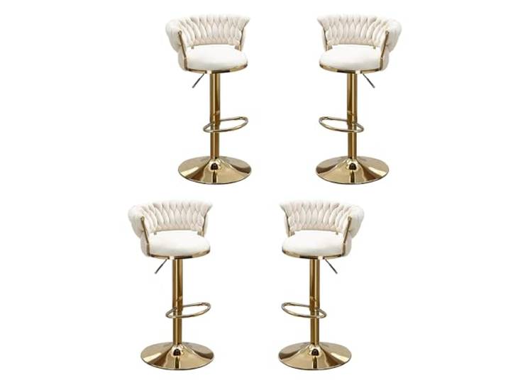 Barhocker 4er set mit lehne, 360° Drehbar Barstühle mit Golden Höhenverstellbaren Metallrahmen, Samt Küchenhocker mit Fußstütze Bistrohocker Bar Stool für Kücheninsel Bar Coffee Bar,Weiß,Set of 4