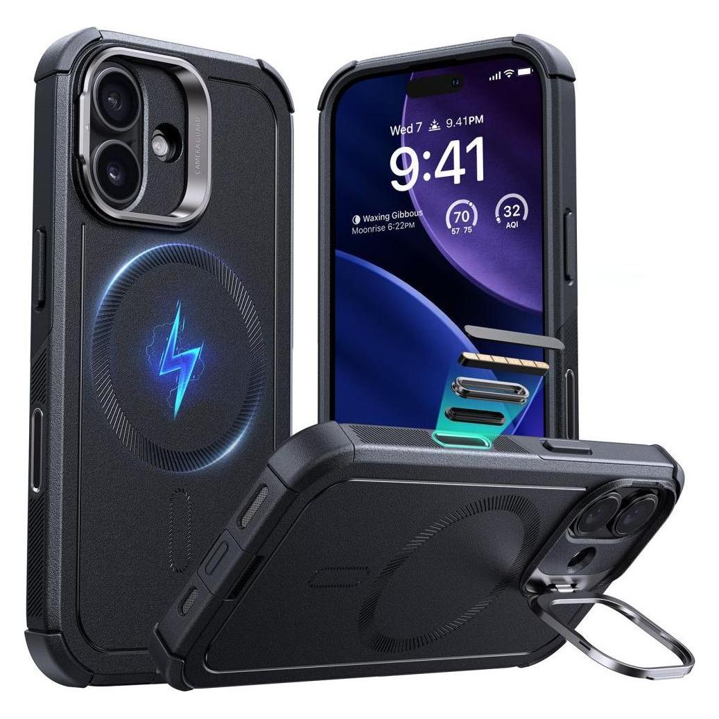 ESR Cyber Tough Magnetic Case (Camera Control, Stash Stand), for iPhone 17, Black (Apple iPhone 17) (1A879001)