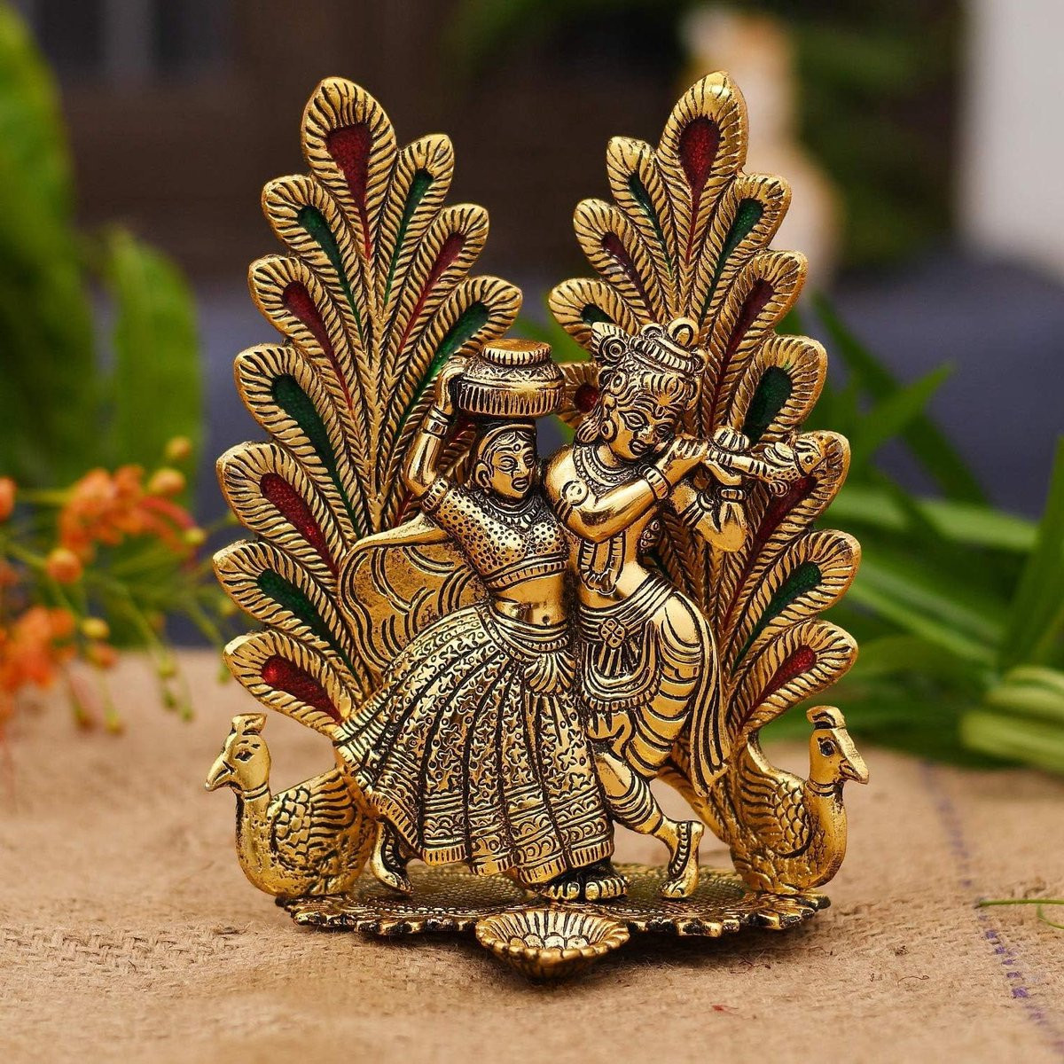 Handgemaakt Radha Krishna Religieus Beeldje in Goud, Lengte: 15,5 cm