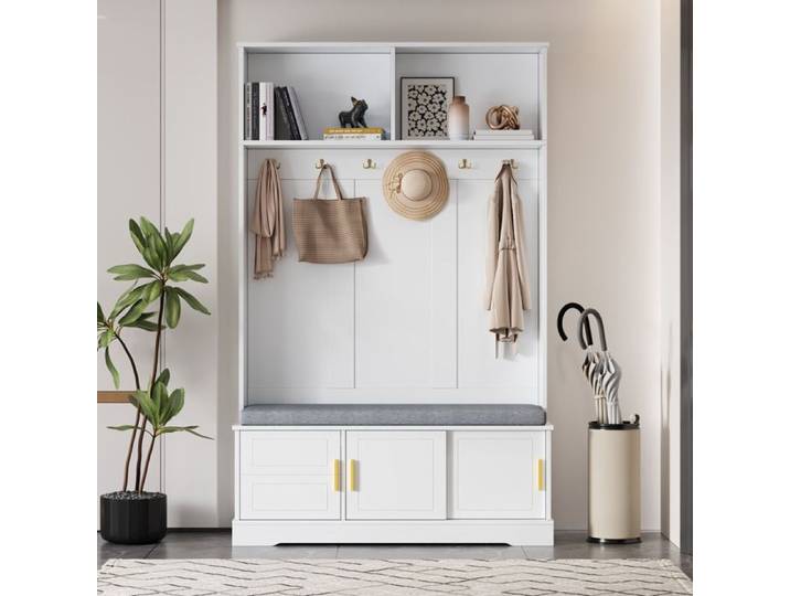 JOINERY meuble entrée vestiaire rangement porte manteau banc chaussures blanc 120 x 40 x 191 cm 6 crochets 3 portes