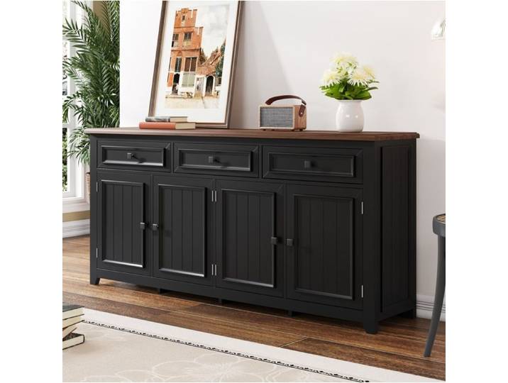 Buffet de Salon VIVRYN - Design Moderne 3 Tiroirs 4 Portes MDF Noir 160 x 35 x 76 cm