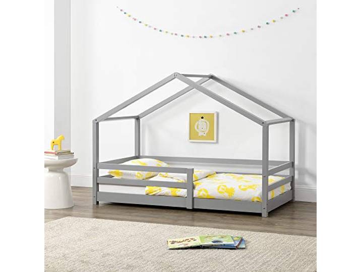 [en.casa] Kinderbett Knätten Hausbett Bodenbett 90 x 200 cm Holzbett für Kinder mit Rausfallschutz Bettgestell mit Lattenrost Kiefernholz Hellgrau