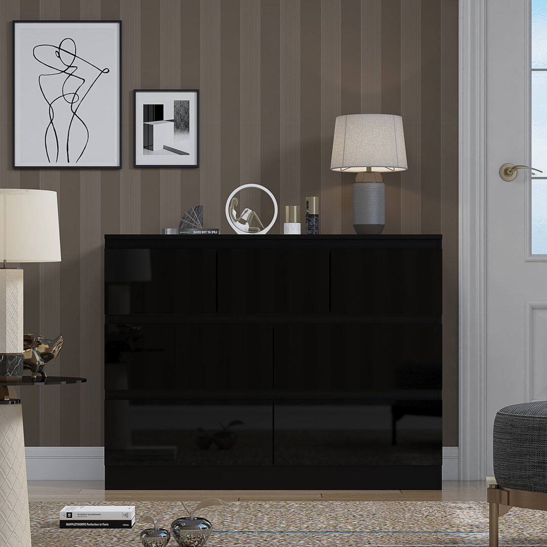 Hashtag Home Warren 7 Drawer Merchant Chest Of Drawers: 4 + 3 Configuration. Scratch Resistant. Handleless Design. 14cm Deep Drawers Black 81cm H X 106cm W X 40cm D