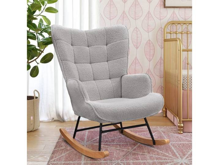 Fauteuil à Bascule - TANANT - Scandinave - Tissu Teddy Velours - Pieds en Chêne - 1 Place