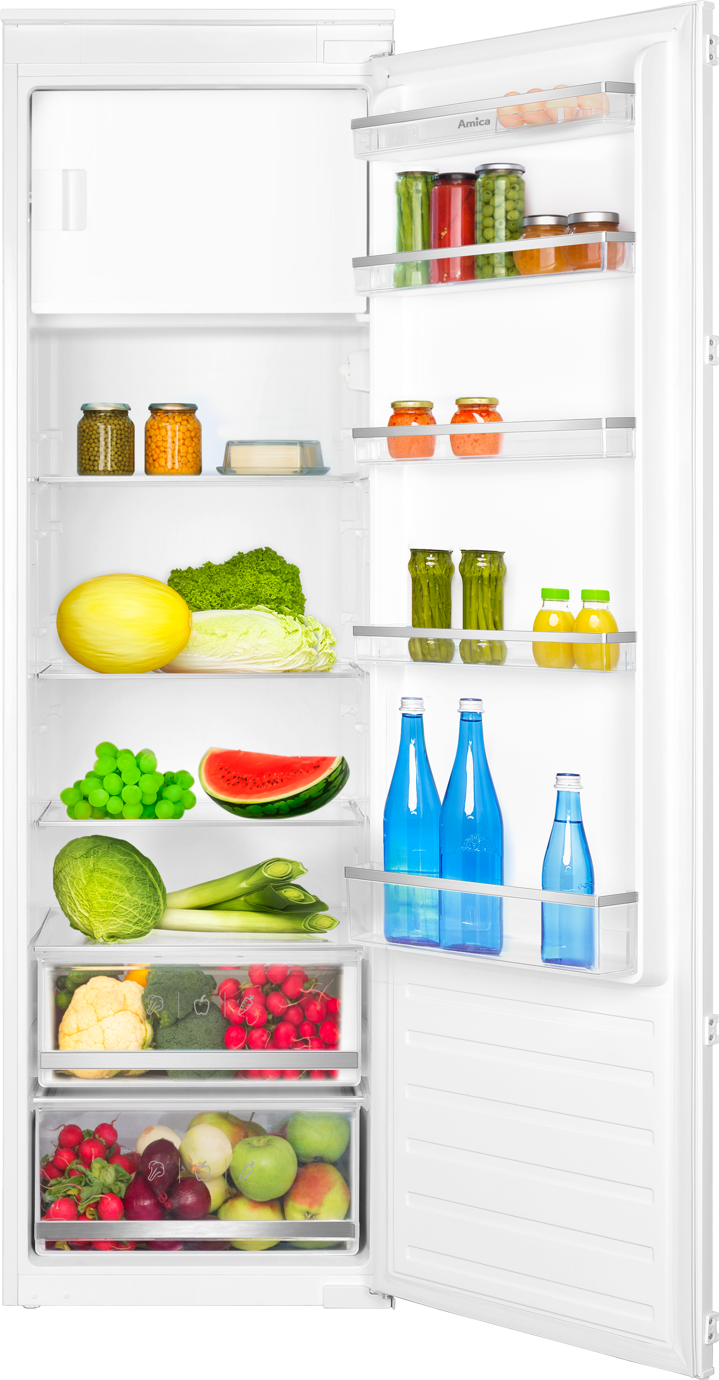 AMICA Einbaukühlschrank "EKSS 367 210", Energieeffizienz: D, silber (weiß), Rechtsanschlag, wechselbar, Kühlschränke, Kompakter Einbaukühlschrank mit klarer LED‑Sicht und frischen Extras, Einbaukühlschrank