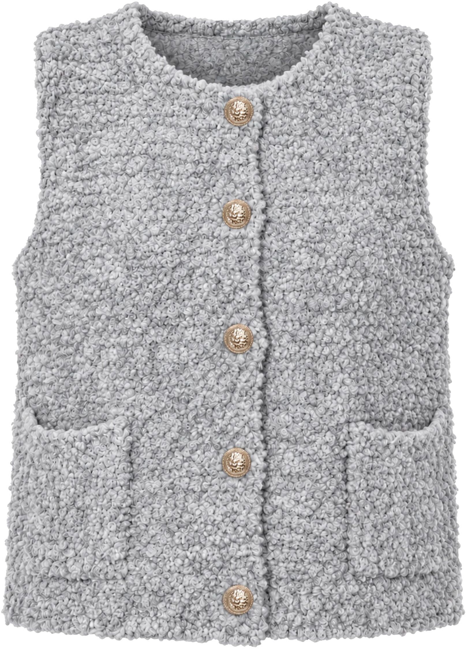 Shirtweste SASSYCLASSY "Bouclé-Weste mit Taschen", Damen, Gr. M, hellgrau, Weitere Stoffart, , figurumspielend hüftlang, Rundhals, Westen Shirtweste, Weiche Weste mit goldfarbenen Knöpfen Hellgrau