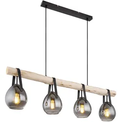 Pendellampe Esstischleuchte 4 flammig Holzlampe Wohnzimmerleuchte Hängelampe, Rauchglas, 4x E27, LxH 100 x 117 cm