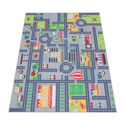 KINDERTEPPICH Waschbar, mit Dorf‐ und Bauernhofplan‐Muster, Grau, 80 x 150 cm