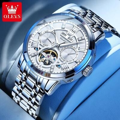 Inspired Finds OLEVS Skeleton Flywheel Automatic Mechanical Watch For Men white