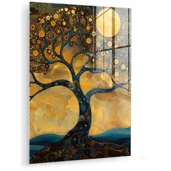 ACRYLGLASBILD Baum - Mond - Blumen - Gold - Kunst 60x80 cm