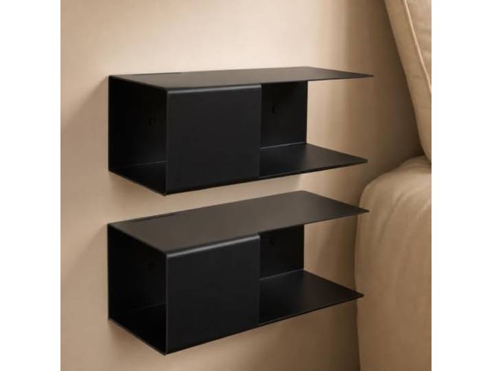 Designfabrik Hamburg Schwebender Nachttisch 2er-Set Schwarz aus Metall Hängender Nachtschrank mit versteckter Ablage und Kabelführung schmaler Wand Nachttisch fürs Schlafzimmer Modernes Design