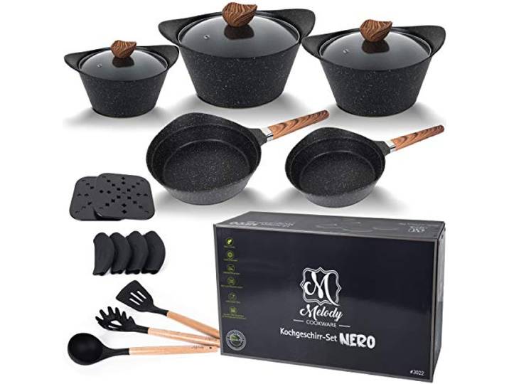 Melody Topf-Set Pfannen-Set Aluguss Töpfe Topfset induktionsgeeignet Antihaft #3022 (19-teiliges Set, Nero-Black)