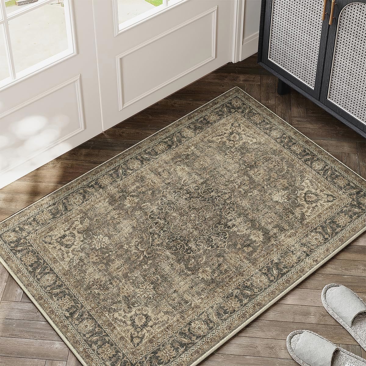 Vintage Loper Tapijt Bruin 60 x 180 cm Machinewasbaar met Antislip voor Woonkamer en Keuken