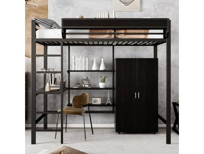 I0I&I0I Eisenbett Etagenbett für Kinder mit Tisch und Schrank Reichlich Stauraum mit 5-stufiger Leiter Eisen Spanplatte::: (Black + Metal & Wood + 90cm*200cm)