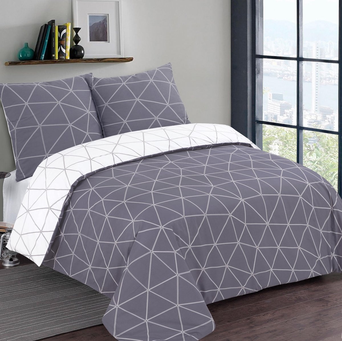 VISION Hugo Flanel Dekbedovertrekset - Tweezijdig omkeerbaar - 100% katoen flanel - Kingsize - 260 x 240 cm - Grijs / Wit