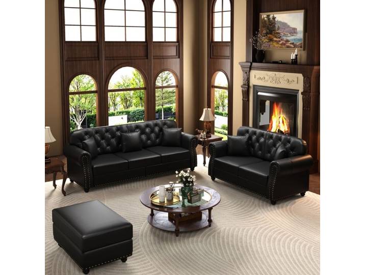 Ensemble Chesterfield 5 places - similicuir noir - canapé 3 places + 2 places + pouf - 5 coussins - Kehun - Noir