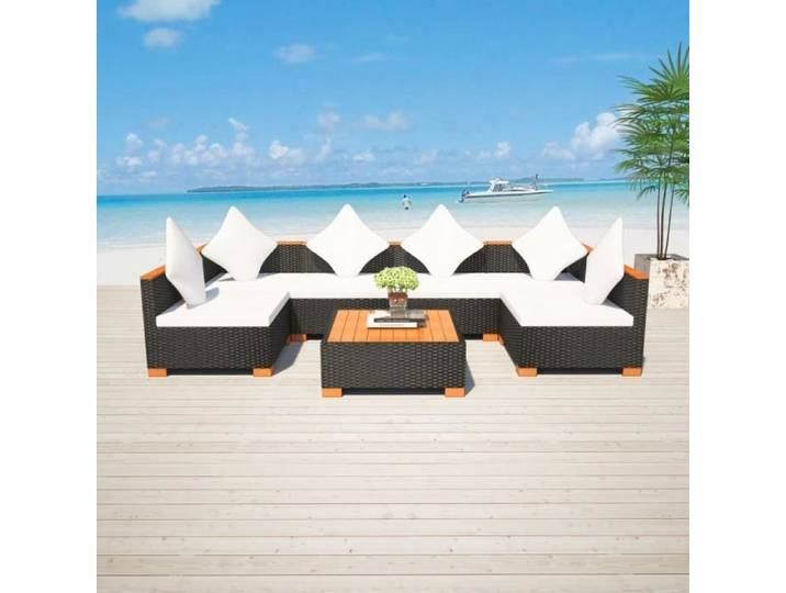 Mobilier de Jardin 7 pcs avec Coussins Résine Tressée Noir Meuble Patio 42751