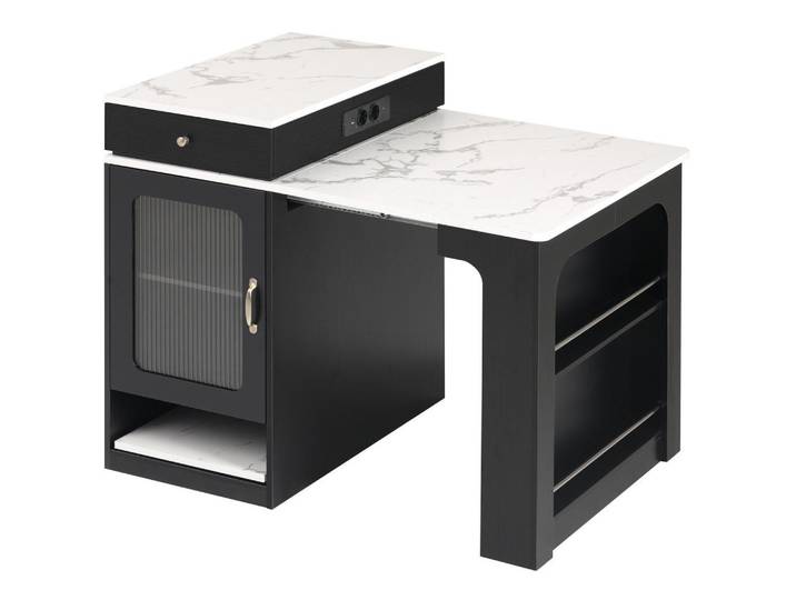Modfu Kücheninsel aus MDF 80x71-151x92 cm Schwarz mit Steckdosenleiste, 151x92x80 cm, Küchen, Küchenmöbel, Kücheninseln