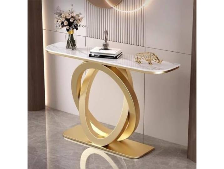 Moderner Konsolentisch mit Metallgestell, Marmoroptik Flurtisch für Flur Stabiles Metallgestell, Marmor-Finish Oberfläche, platzsparendes Design, für Flur(Gold+White,31.5in)