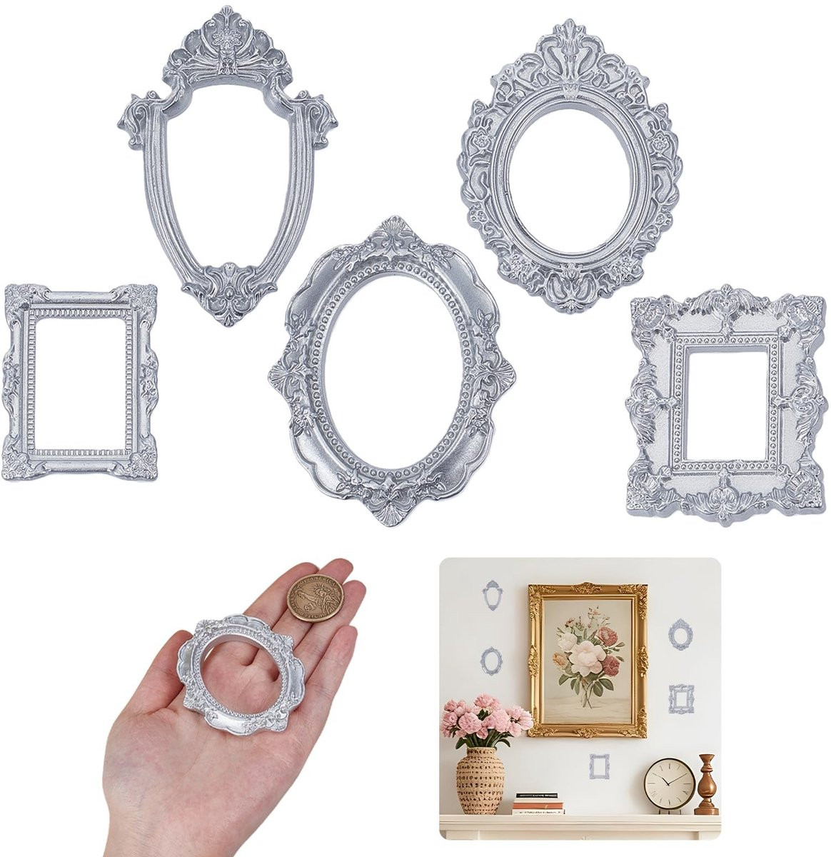 Dailygoods Set van 5 Mini Fotolijsten in Antieke Barok Vintage-Stijl van Hars