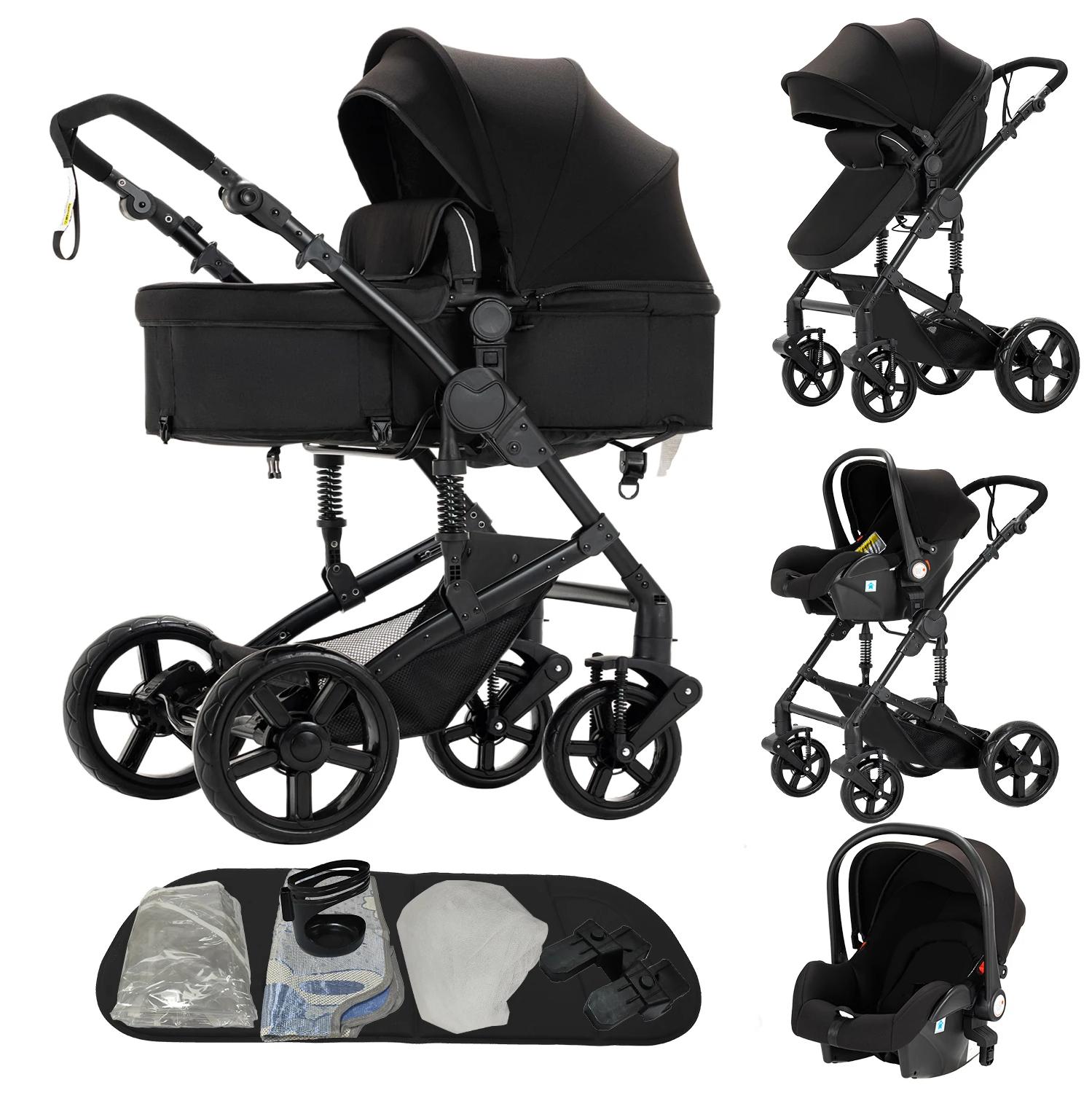 Kompakter 3-in-1-Kinderwagen - B588 - Für Neugeborene - Mit Autokindersitz - Hohe Sitzposition - Faltbar - Schwarz