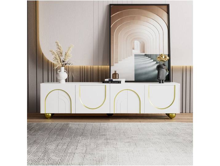 Meuble TV blanc avec 4 portes décorées ouverture push-to-open et pieds dorés