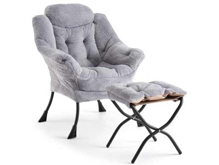 Garvee Lazy Sofa Sessel mit Hocker, Relaxsessel mit Fußhocker aus Kunst-Kaninchenfell, Moderner Loungesessel Polstersessel für Wohnzimmer & Schlafzimmer, Grau Silber, Ergonomischer Einzelsessel