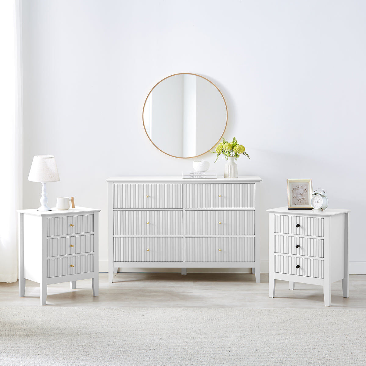 Large Chest of Drawers and Pair of Bedside Tables - Hales White Range Coated MDF, Metal