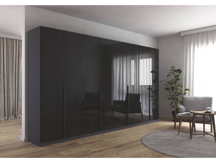 Drehtürenschrank, 360x229 cm, Holzwerkstoff, Graumetallic Hochglanz, Durchdachte Innenausstattung, Modern, Rauch