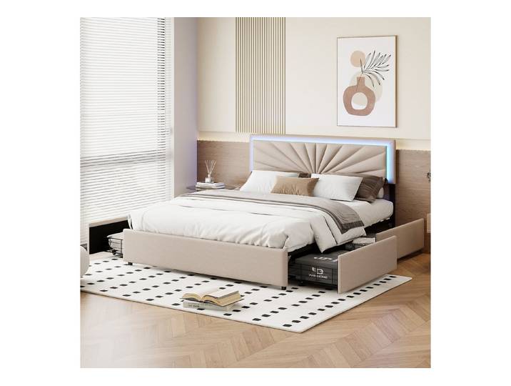 Simurq Polsterbett LED Polsterbett Beige, modernes Doppelbett (Für Jugendliche geeignet), LED-Kopfteil, gepolstertes Kopfteil, Leinenbezug, modernes Design