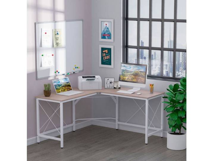 Bureau d'angle L – Bureau en MDF et métal – 150 x 150 x 76 cm – Couleur naturelle