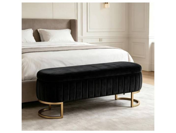 Bout de lit coffre avec rangement pieds en métal doré surpiqûres verticales velours noir 130 cm - UVRION