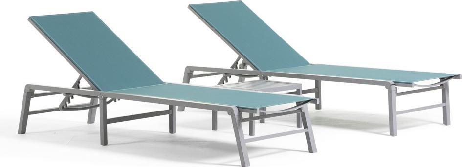 Set aus 2 verstellbaren Sonnenliegen aus Aluminium mit Beistelltisch - atmungsaktives Textilene, elegantes und klappbares Design für Garten, Terrasse und Pool - DUNA - Petrol