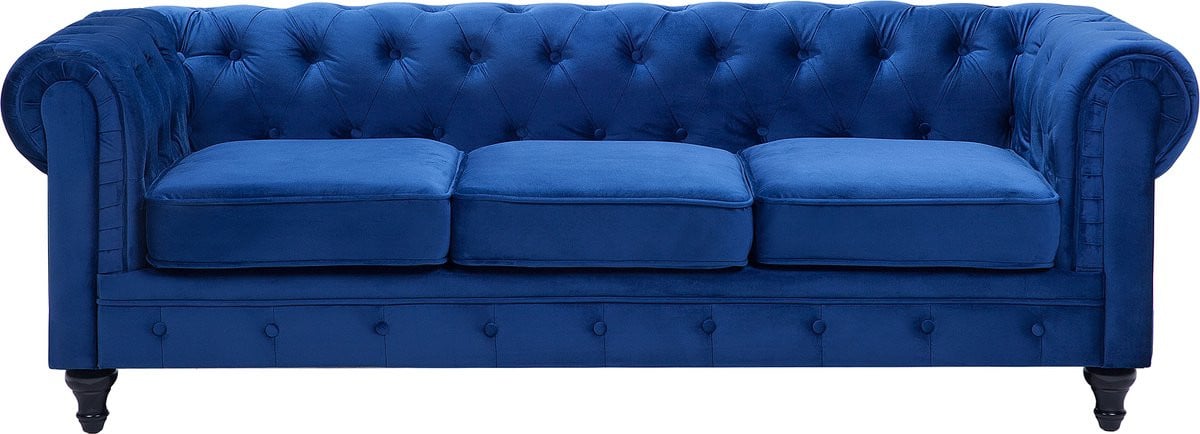 Chesterfield 3-zitsbank in marineblauw fluweel met losse kussens